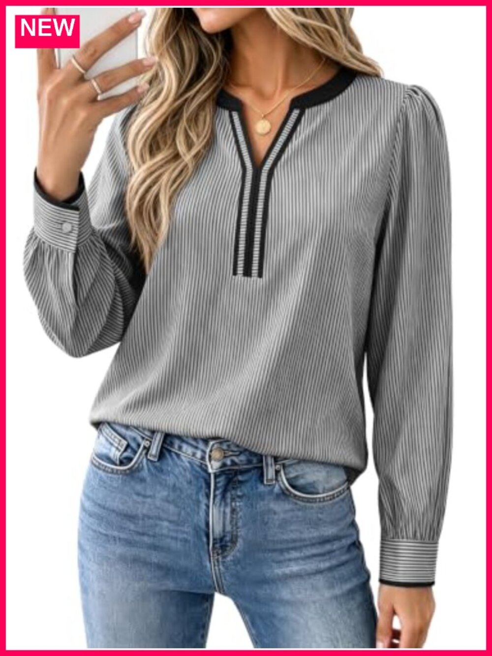 Striped V-Neck Long Sleeve Blouse Women Casual Color Block Work Top